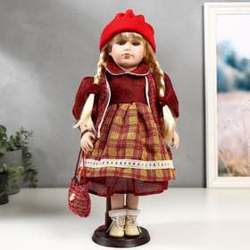 Кукла коллекционная «Марина в бордовом платье в клетку», 40 см