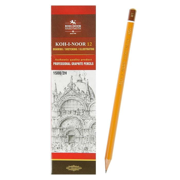 Карандаш чернографитный Koh-I-Noor 1500, 2H, шестигранный, деревянный, жёлтый корпус