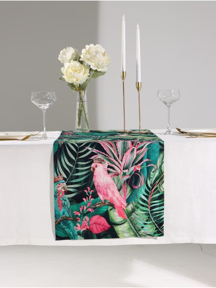 Дорожка на стол «Этель» Tropical parrots 40×146 см, 100% хлопок, саржа 190 г/м², зелёная/чёрная