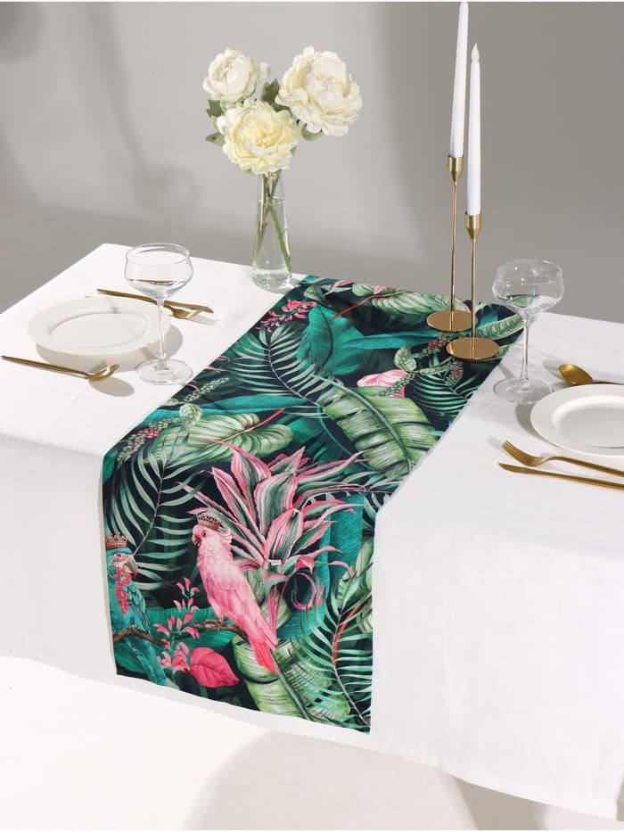Дорожка на стол «Этель» Tropical parrots 40×146 см, 100% хлопок, саржа 190 г/м², зелёная/чёрная