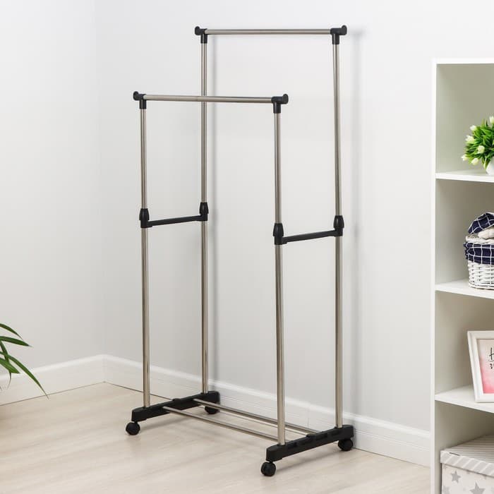 Вешалка - стойка напольная для одежды Доляна, телескопическая, 2 перекладины, подставка для обуви, 80×43×90(160) см