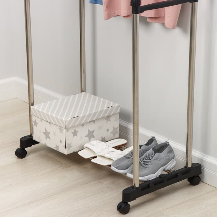 Вешалка - стойка напольная для одежды Доляна, телескопическая, 2 перекладины, подставка для обуви, 80×43×90(160) см