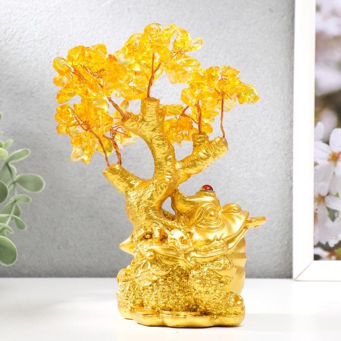 Бонсай декоративный «Денежное дерево, жаба у дерева с янтарём», 108 камней, 17×14×8 см