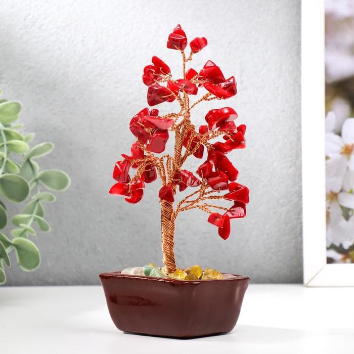 Бонсай декоративный 60 камней «Денежное дерево с рубинами», 13×7×5 см
