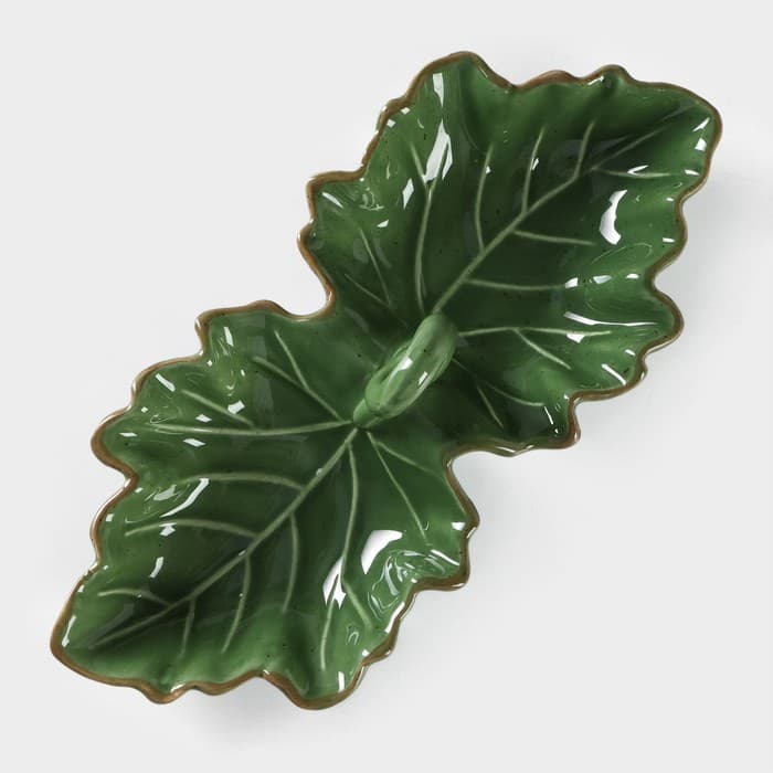 Менажница 2 ячейки Доляна «Лист», 21.8×6.9 см, доломит, зелёная