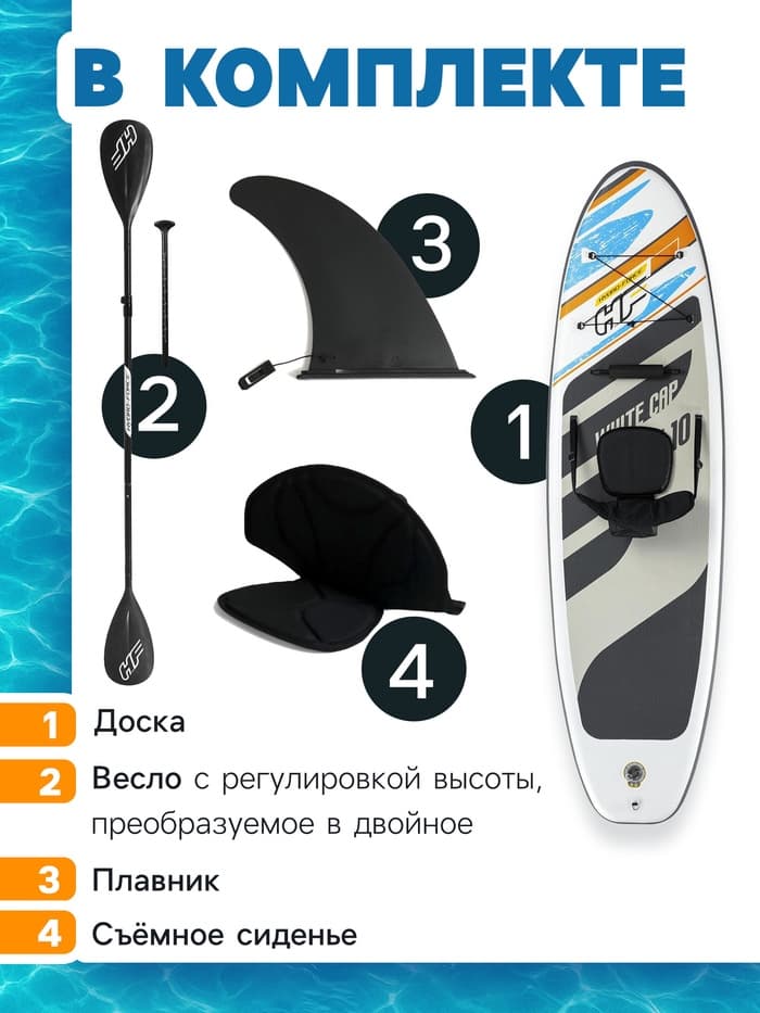 Сапборд Bestway White Cap Convertible, 305×84×12 см, комплект: насос, лиш, киль, сумка, сиденье, 65341 Bestway