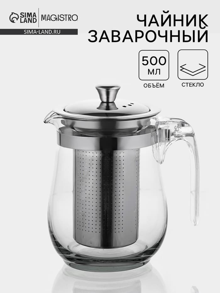 Чайник заварочный Magistro «Шейди», 500 мл, с металлическим ситом и крышкой, боросиликатное стекло, прозрачный
