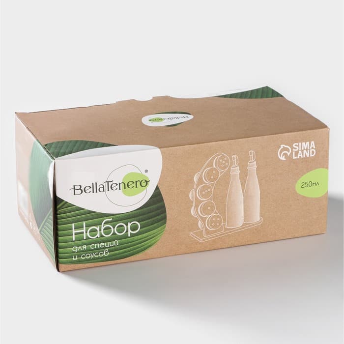 Набор для специй и соусов BellaTenero, 8 предметов: 2 ёмкости 250 мл, 5 баночек для специй, на бамбуковой подставке, фарфор, белый