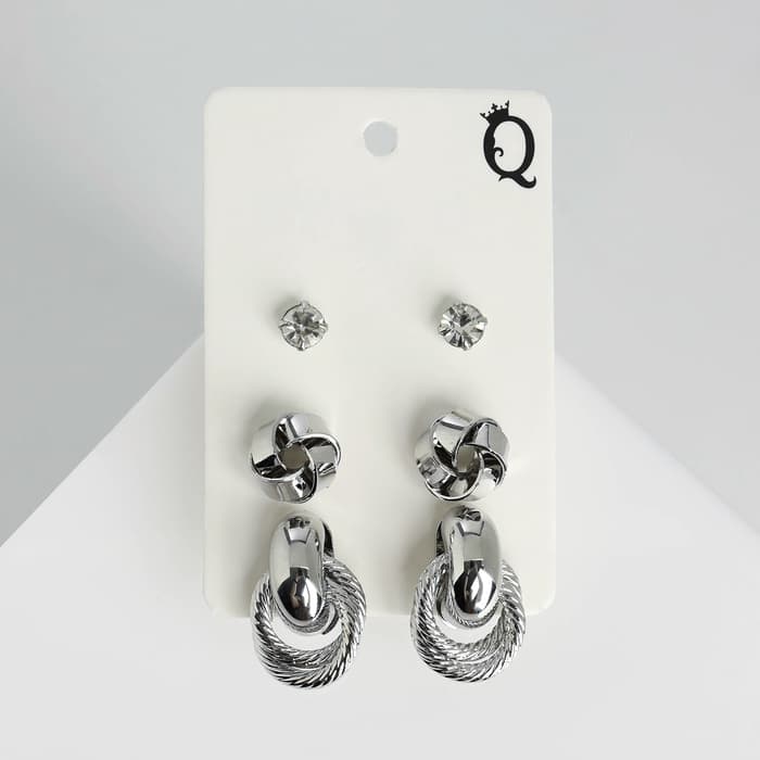 Серьги QF «Кольца Сатурна», набор 3 пары, цвет серебро