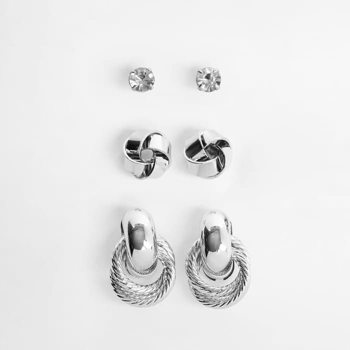 Серьги QF «Кольца Сатурна», набор 3 пары, цвет серебро