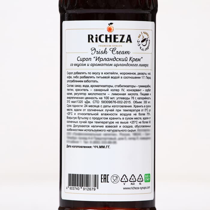 Сироп RICHEZA «Ирландский Крем» 0.33 л
