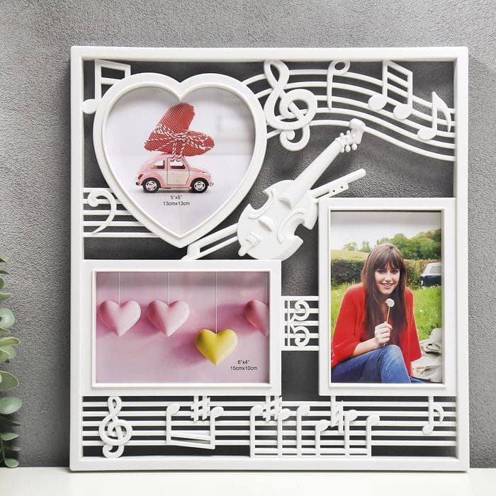 Фоторамка - коллаж на 3 фото 10×15, 13×12 см «Скрипка и ноты», пластик, мультирамка, белый, 34×32 см