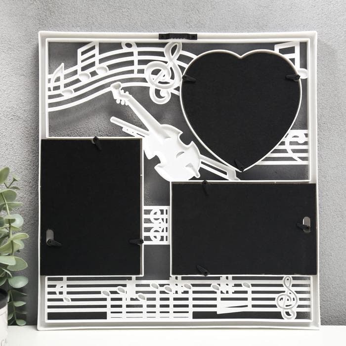 Фоторамка - коллаж на 3 фото 10×15, 13×12 см «Скрипка и ноты», пластик, мультирамка, белый, 34×32 см