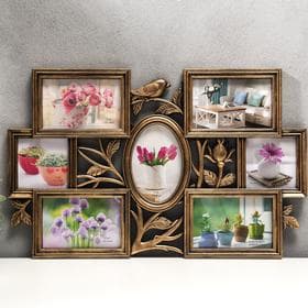 Фоторамка - коллаж на 7 фото 10×10 см, 10×15 см «Птица и шиповник», пластик, золото, 33.5×52 см