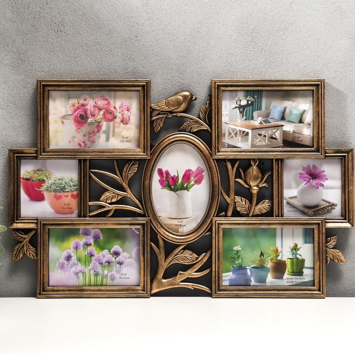 Фоторамка - коллаж на 7 фото 10×10 см, 10×15 см «Птица и шиповник», пластик, золото, 33.5×52 см