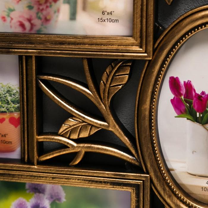 Фоторамка - коллаж на 7 фото 10×10 см, 10×15 см «Птица и шиповник», пластик, золото, 33.5×52 см