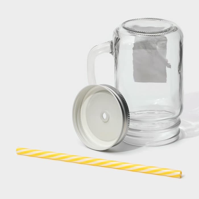 Кружка Доляна «Лаванда», 450 мл, 10×7.5×13 см, с ручкой, крышкой и трубочкой, стекло, прозрачная