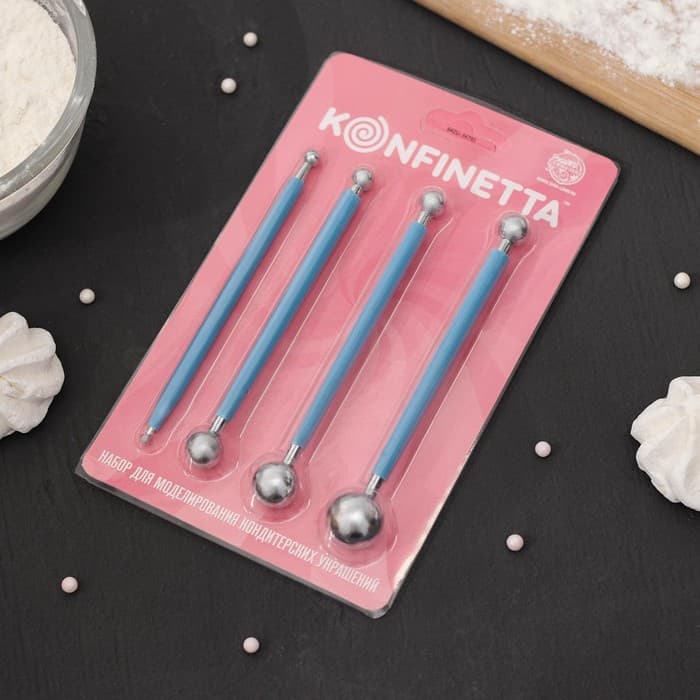 Стеки для моделирования кондитерских украшений KONFINETTA, набор 4 шт., диаметры шариков 0.4 см, 0.6 см, 0.8 см, 1 см, 1.1 см, 1.3 см, 1.6 см, 2 см
