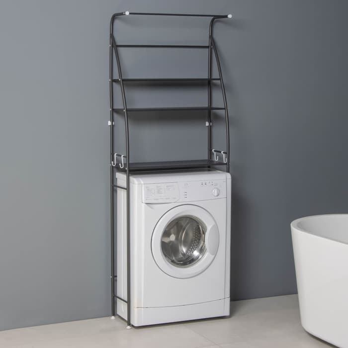 Стеллаж над стиральной машинкой со штангой для сушки, 66×25×175 см, чёрный