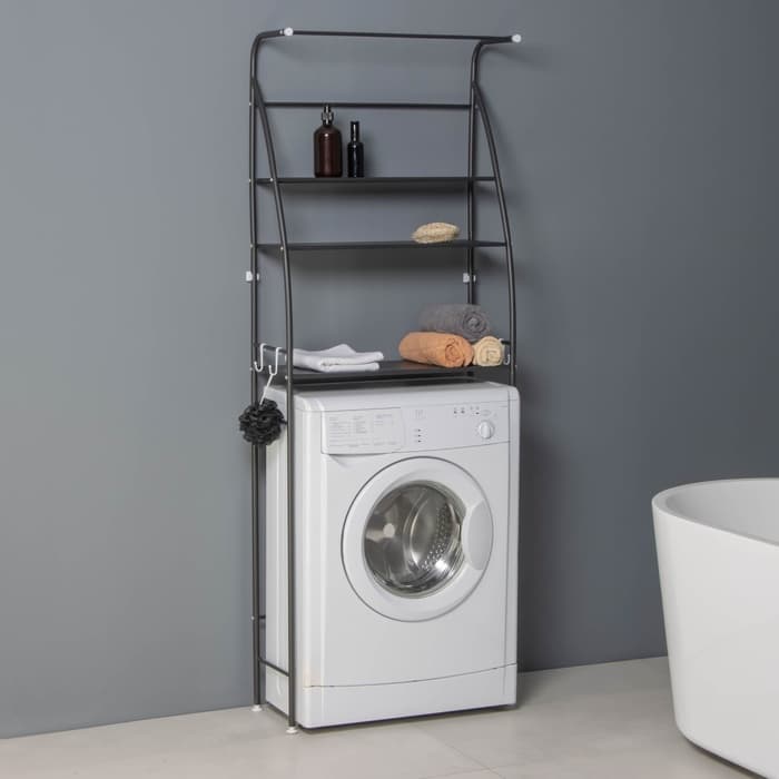 Стеллаж над стиральной машинкой со штангой для сушки, 66×25×175 см, чёрный