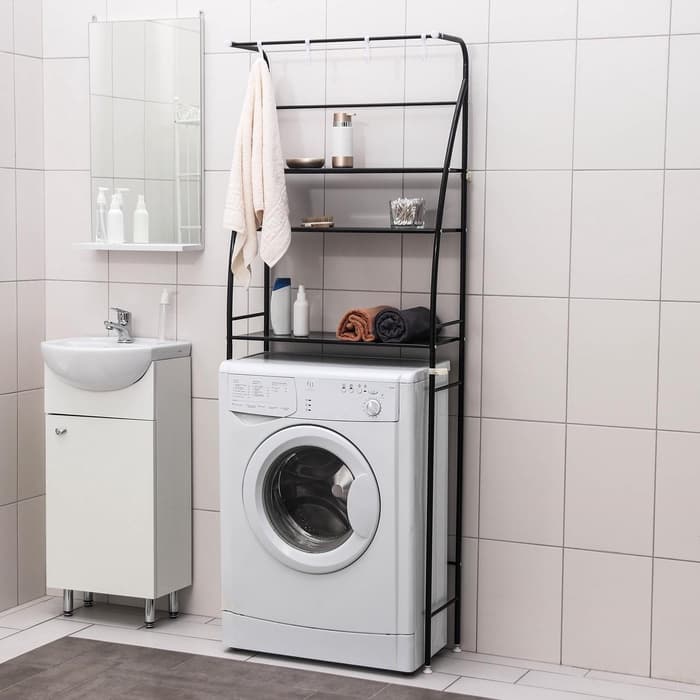 Стеллаж над стиральной машинкой со штангой для сушки, 66×25×175 см, чёрный