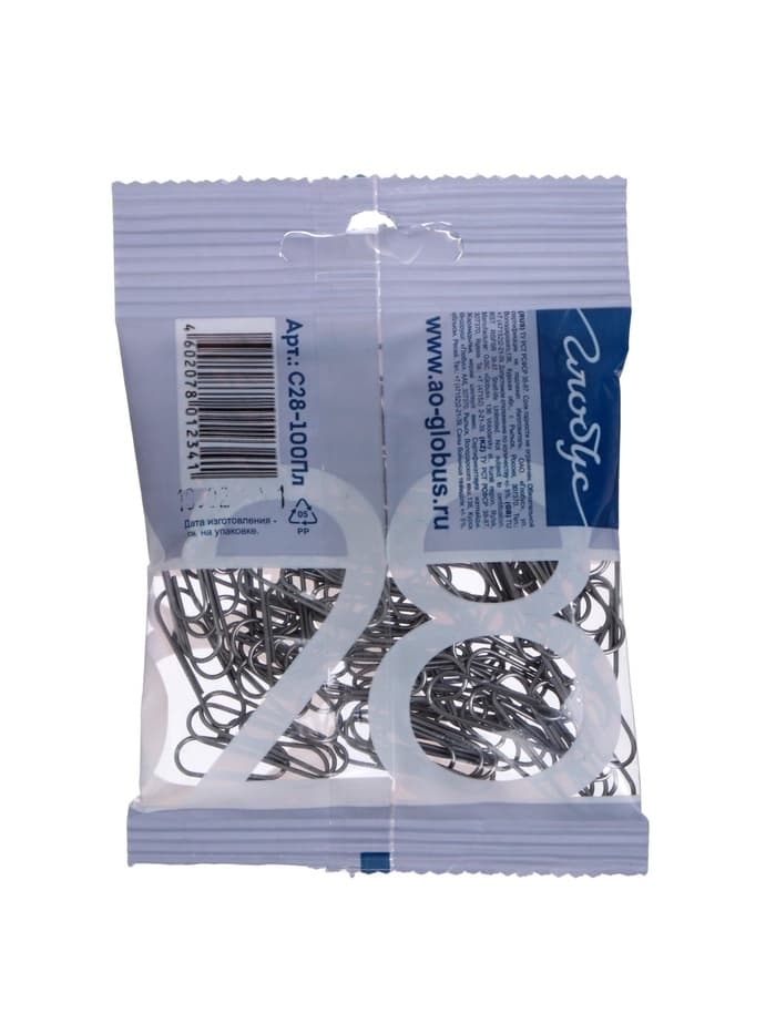 Скрепки канцелярские GLOBUS, 28 мм, 100 шт., без покрытия, флоу-пак