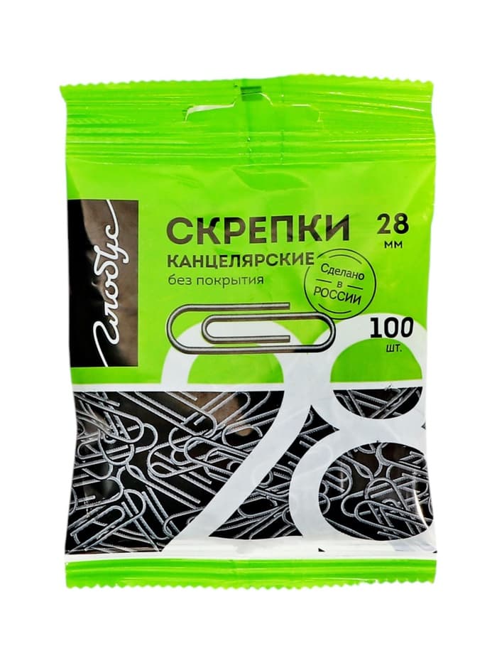 Скрепки канцелярские GLOBUS, 28 мм, 100 шт., без покрытия, флоу-пак