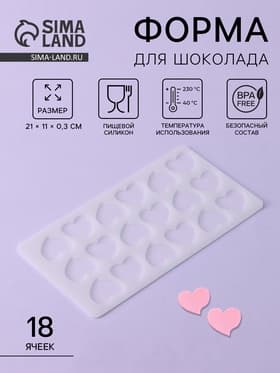 Форма для шоколада «Сердца», силикон, 18 ячеек, 21×11×0.3 см, прозрачная