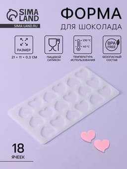 Форма для шоколада «Сердца», силикон, 18 ячеек, 21×11×0.3 см, прозрачная