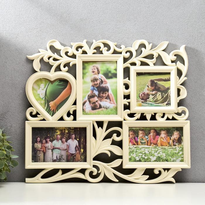 Фоторамка - коллаж на 5 фото «С сердцем», слоновая кость