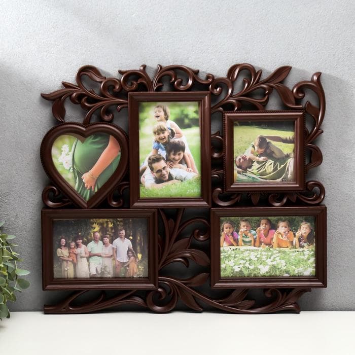 Фоторамка - коллаж на 5 фото «С сердцем», орех, (пластиковый экран)