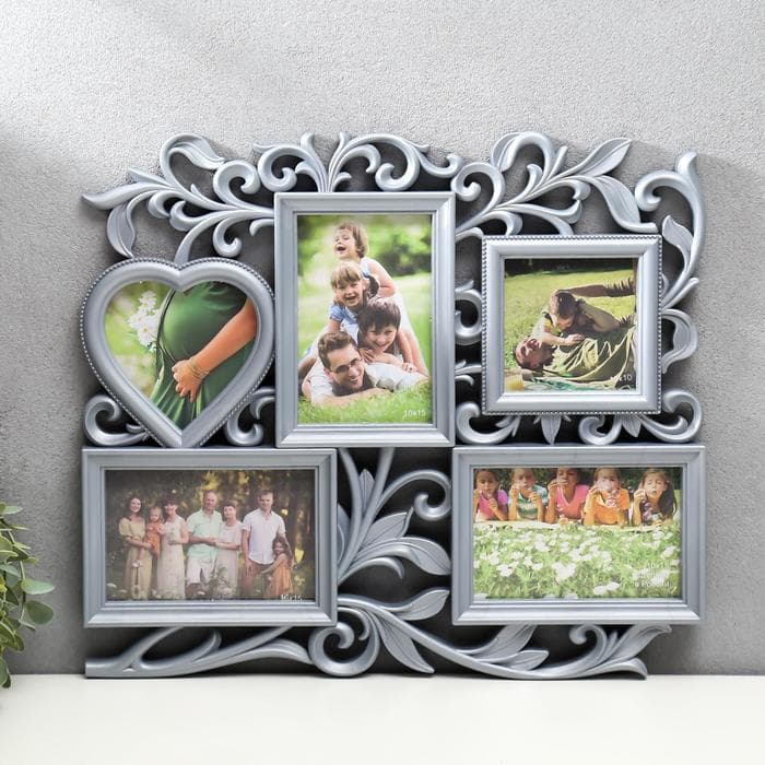 Фоторамка - коллаж на 5 фото «С сердцем», под серебро, (пластиковый экран)