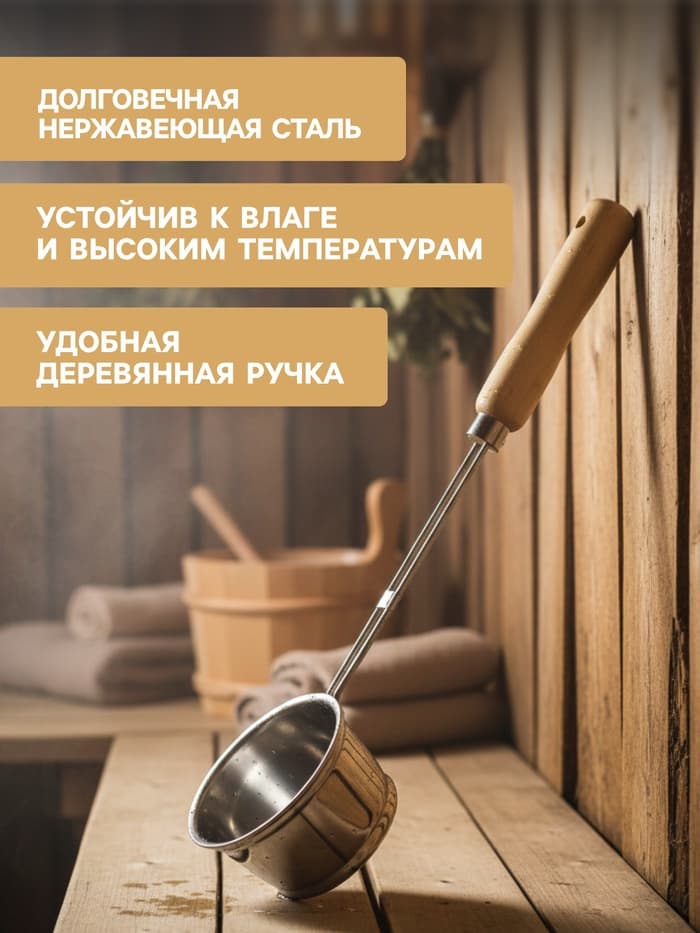 Ковш - черпак для бани и сауны, 400 мл, нержавеющая сталь, деревянная ручка, 46 см, «Добропаровъ»