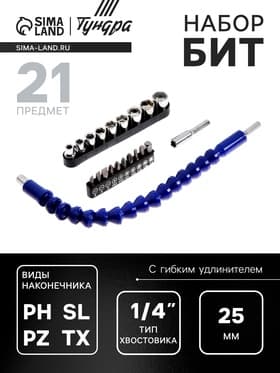 Набор бит с гибким удлинителем ТУНДРА, PH-SL-PZ-TX 25 мм, с торцевыми головками, 21 предмет
