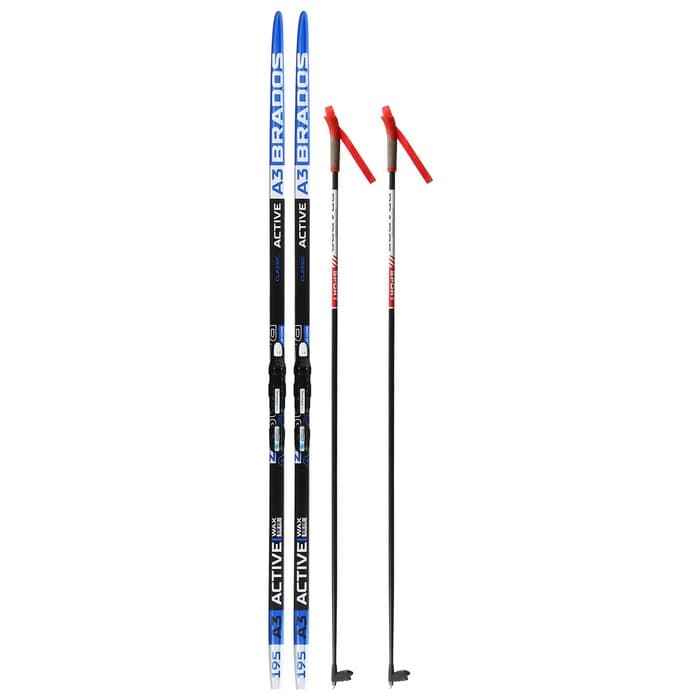 Комплект лыжный: пластиковые лыжи 195 см без насечек, стеклопластиковые палки 155 см, крепления NNN, цвета МИКС