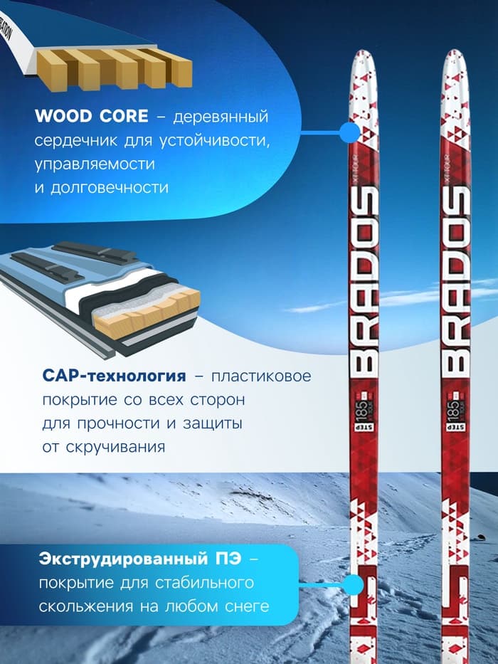 Комплект лыжный: пластиковые лыжи 185 см с насечкой, стеклопластиковые палки 145 см, крепления NN75 мм, цвета МИКС
