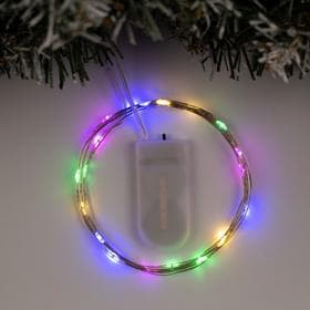 Гирлянда «Нить» 2 м роса, IP20, серебристая нить, 20 LED, батарейки CR2032×2 (в комплекте), свечение мульти