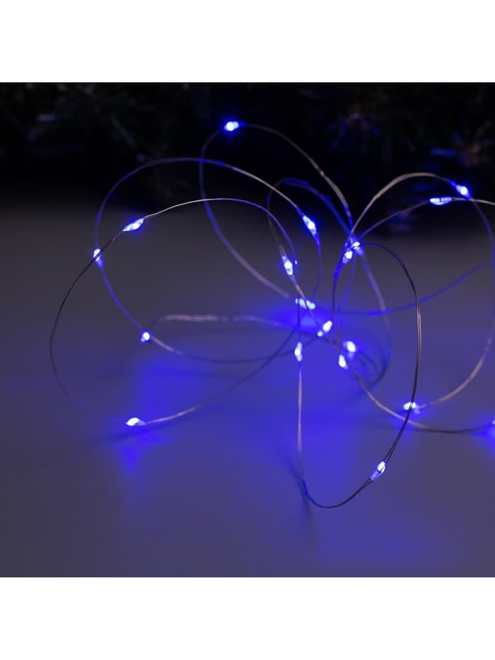 Гирлянда «Нить» 2 м роса, IP20, серебристая нить, 20 LED, батарейки CR2032×2 (в комплекте), свечение синее