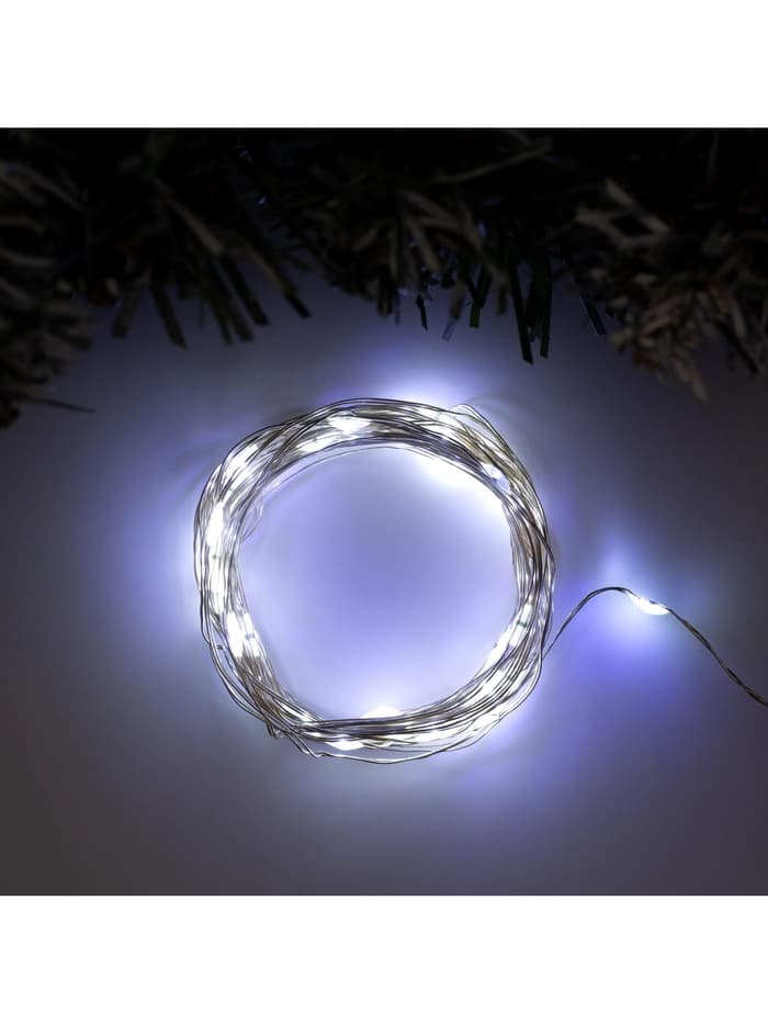 Гирлянда «Нить» 5 м, роса, IP20, серебристая нить, 50 LED, 2 режима, от батареек AAх3, свечение белое