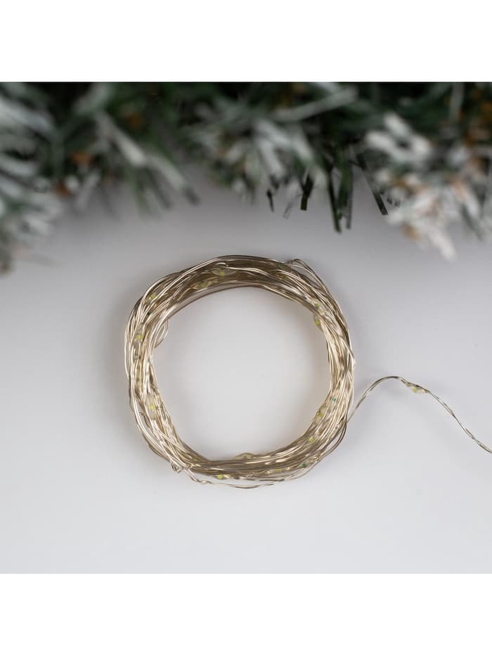 Гирлянда «Нить» 5 м, роса, IP20, серебристая нить, 50 LED, 2 режима, от батареек AAх3, свечение белое