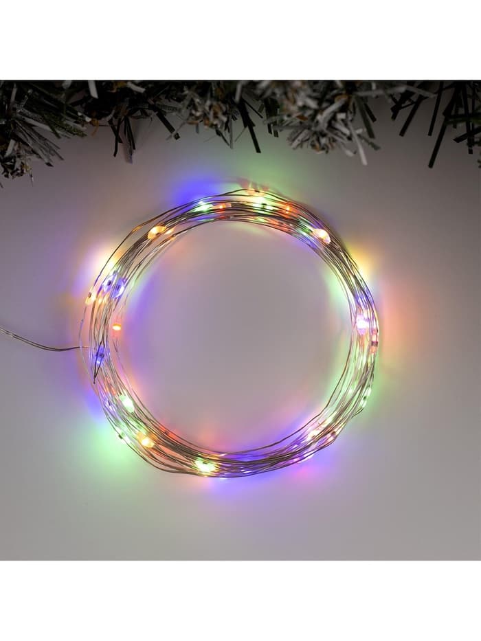 Гирлянда «Нить» 5 м, роса, IP20, серебристая нить, 50 LED, 2 режима, от батареек АА×3, свечение тёплое белое / мульти