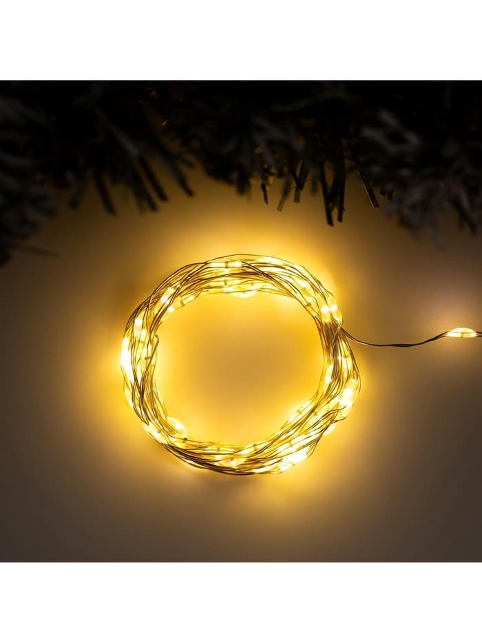 Гирлянда «Нить» 5 м, роса, IP20, серебристая нить, 100 LED, 2 режима, от батареек AAх3, свечение тёплое белое