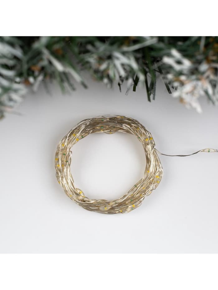 Гирлянда «Нить» 5 м, роса, IP20, серебристая нить, 100 LED, 2 режима, от батареек AAх3, свечение тёплое белое