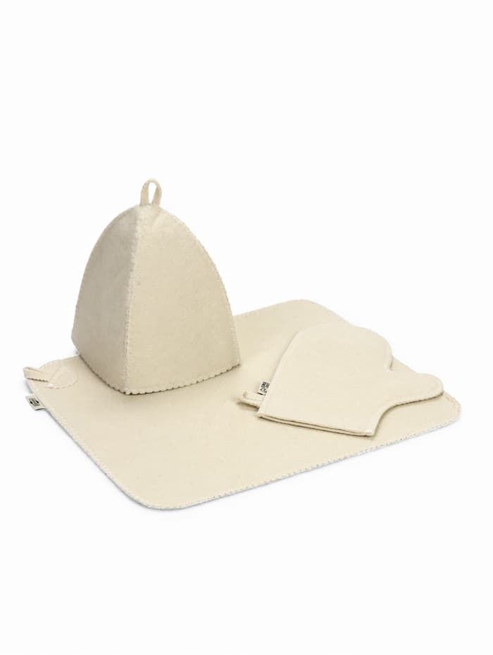 Набор для бани, шерсть 30%, полиэфир 70%, 3 предмета: шапка, рукавица, коврик, «Добропаровъ»