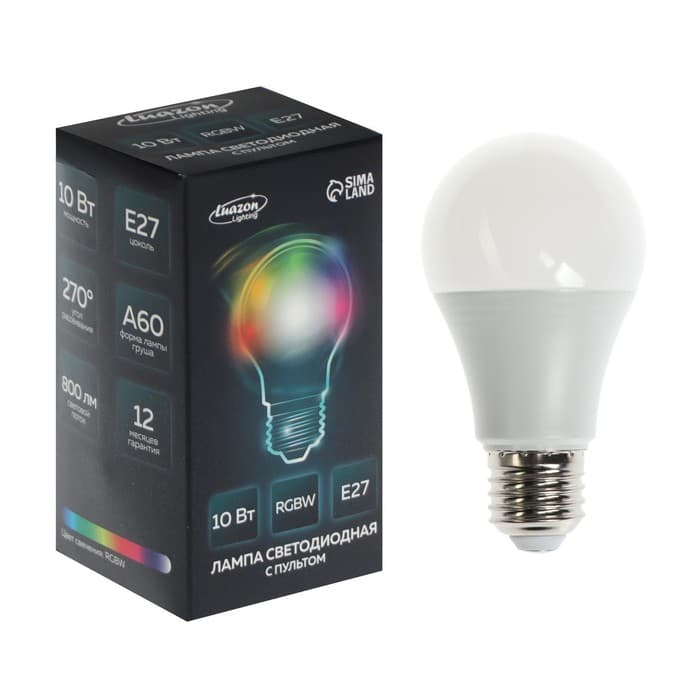 Лампа светодиодная RGB+W, с пультом, А60, 10 Вт, 800 Лм, Е27, 220 В