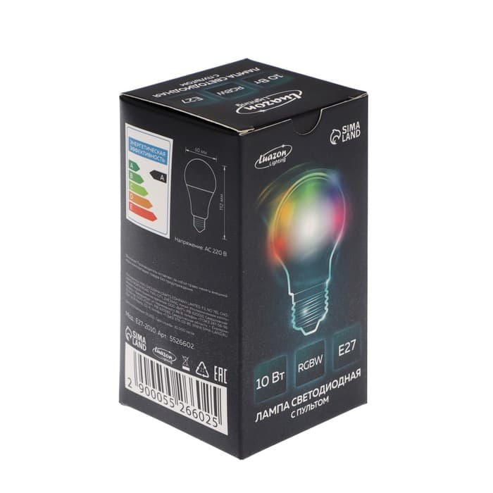 Лампа светодиодная RGB+W, с пультом, А60, 10 Вт, 800 Лм, Е27, 220 В
