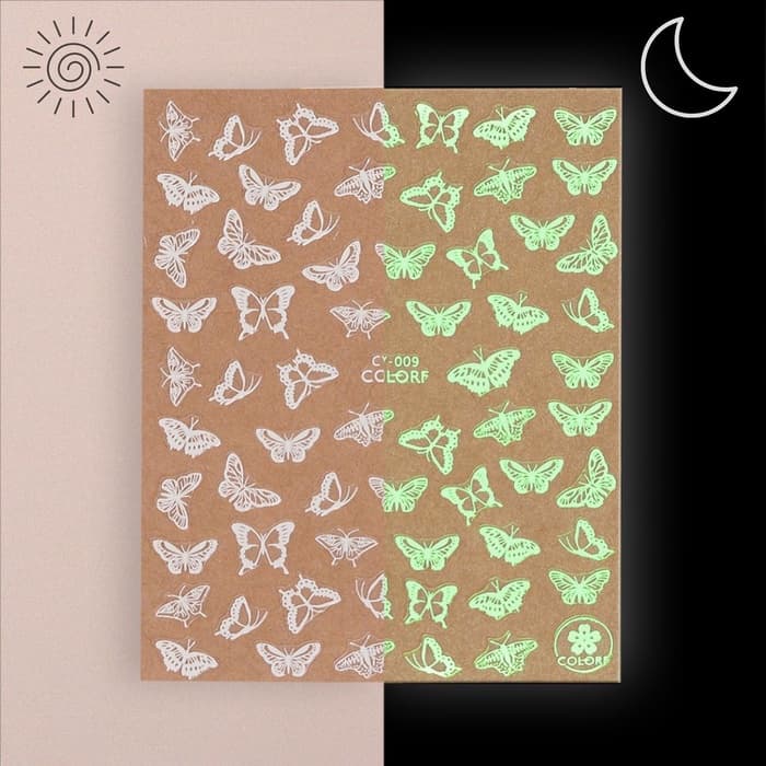 Наклейки для ногтей «Бабочки», флуоресцентные, белые