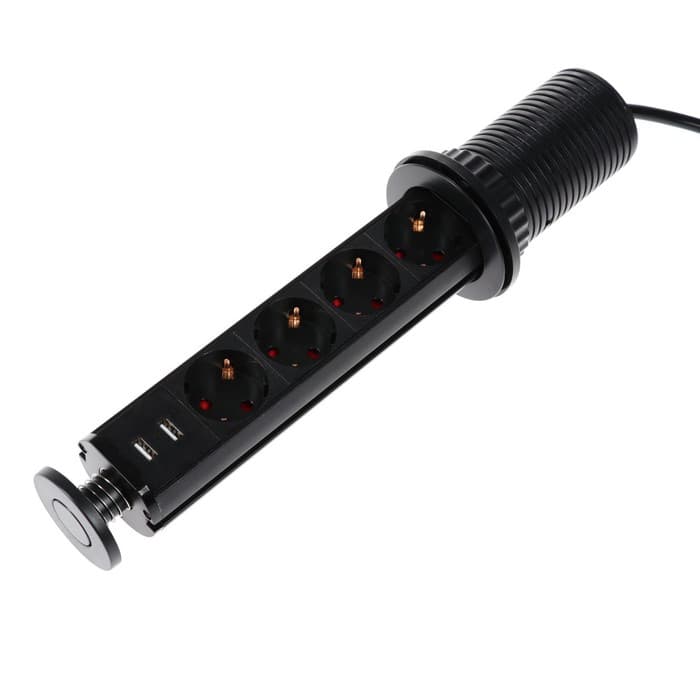 Розетка выдвижная Luazon, 16 А, четырёхместная, в стол, 2xUSB, 2.1 A, чёрная