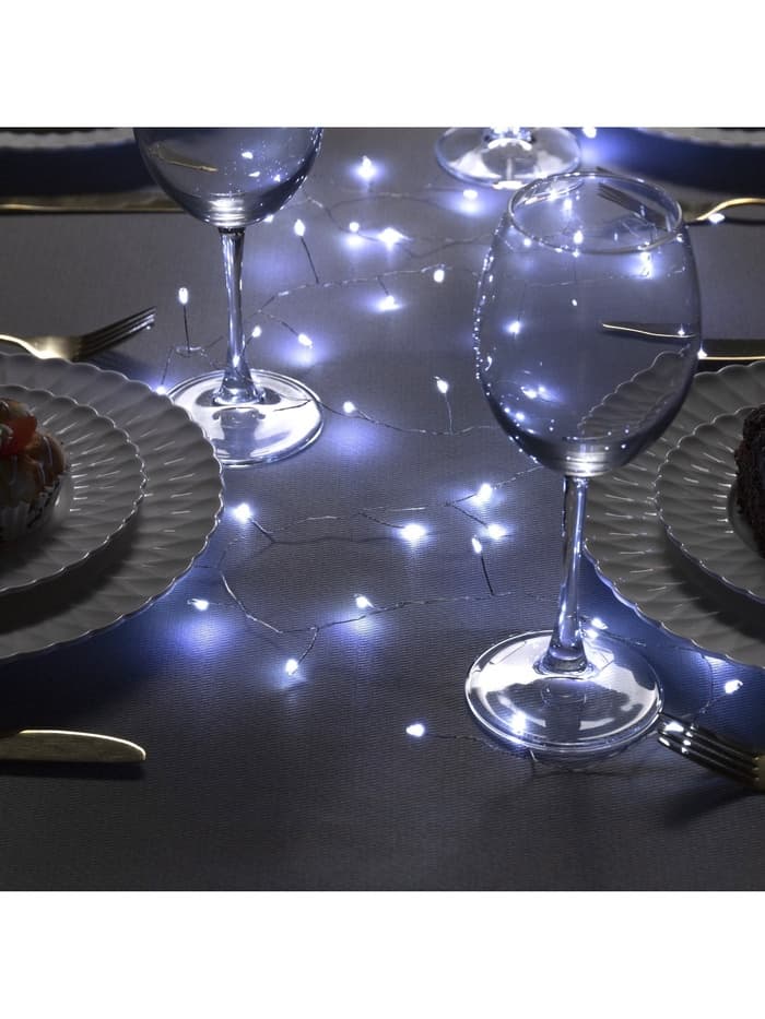 Гирлянда «Мишура» 2 м, роса, IP20, серебристая нить, 50 LED, от батареек CR2032×2, свечение белое