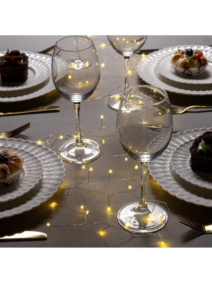 Гирлянда «Мишура» 2 м, роса, IP20, серебристая нить, 50 LED, от батареек CR2032×2, свечение тёплое белое